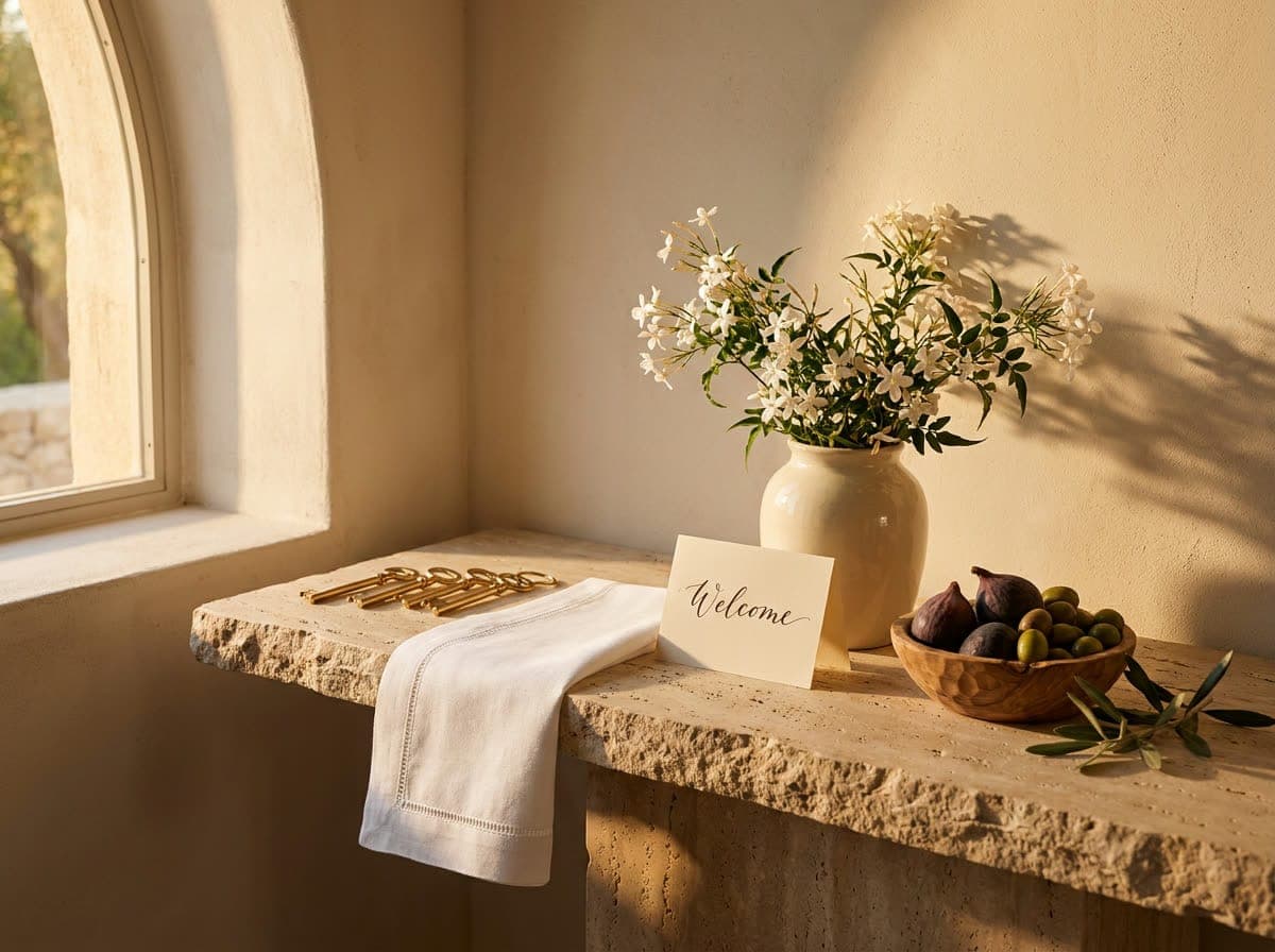 Llaves, jazmín fresco, frutas y nota de bienvenida sobre travertino — preparación de la villa antes de la llegada del huésped