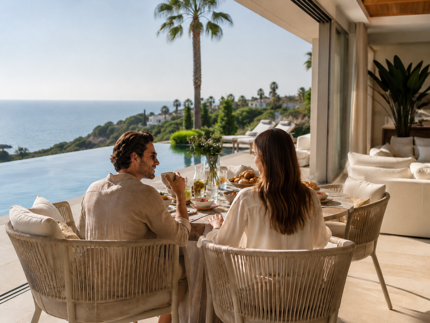 Atardecer mediterráneo en una villa privada SEDA, con mesa preparada en la terraza